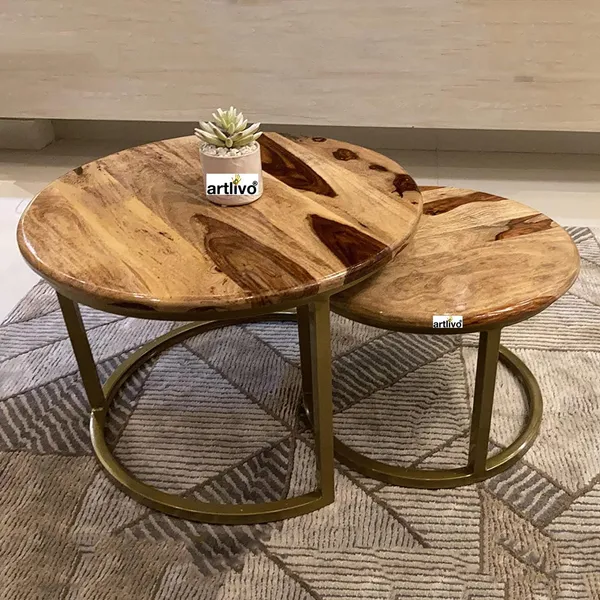 Sheesham_Solid_Wood_Coffee_Table_-_Set_of_2_(27/22_inch_dia)_for_Living|Drawing|Bedroom|Office|Balcony|Gift|Diwali|Wedding