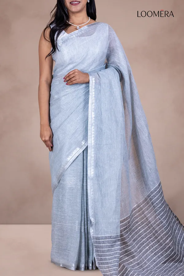 Grey_Linen_Saree_With_Sequin_Work_And_Silver_Zari_Border