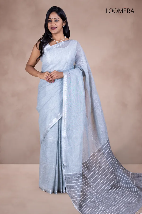 Grey_Linen_Saree_With_Sequin_Work_And_Silver_Zari_Border
