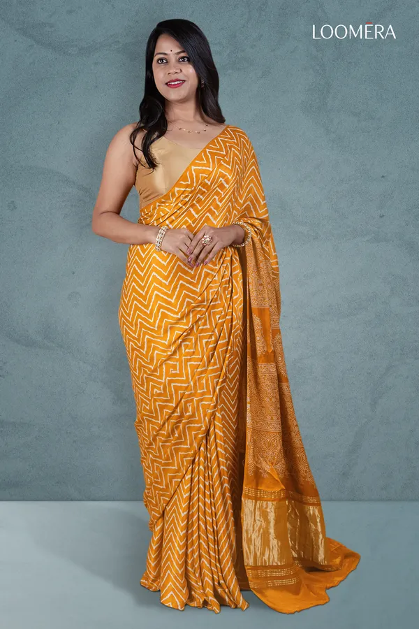 Mustard_Yellow_Ajrakh_Modal_Silk_Saree_With_Hand_Block_Print