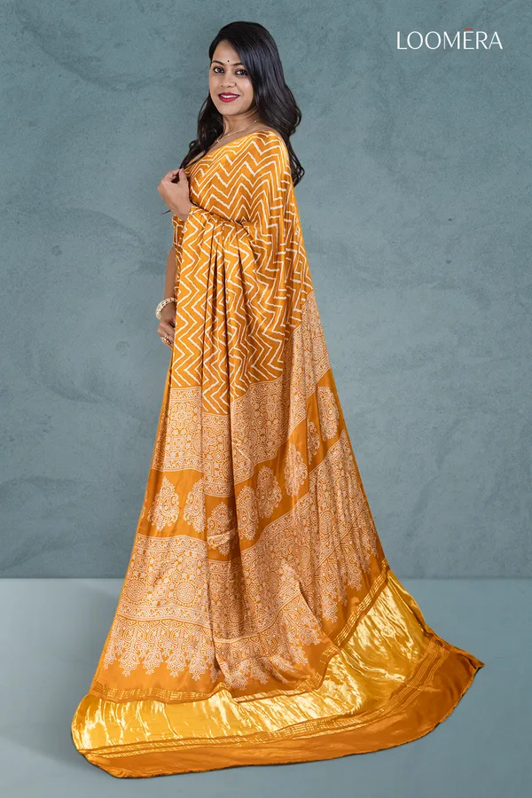 Mustard_Yellow_Ajrakh_Modal_Silk_Saree_With_Hand_Block_Print