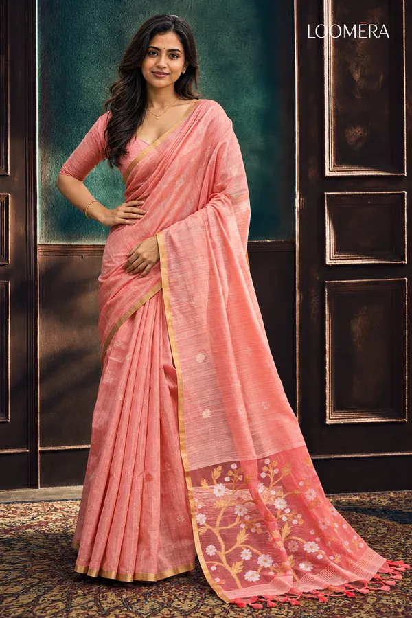 Peach_Pink_Munga_Cotton_Saree_with_Golden_Border