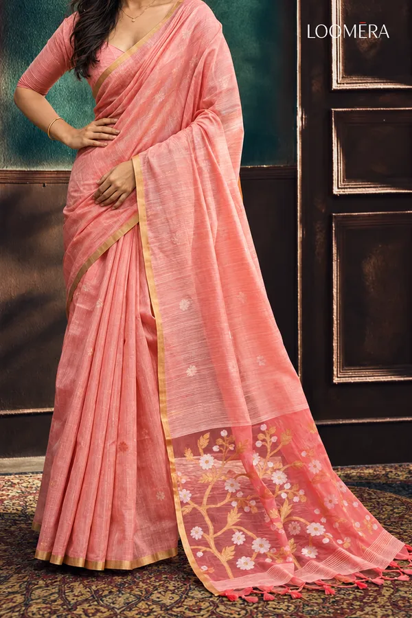 Peach_Pink_Munga_Cotton_Saree_with_Golden_Border