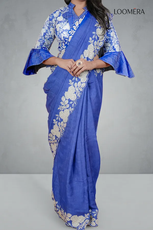 Blue_Embroidered_Floral_Scallop_Border_Saree_With_Readymade_Blouse
