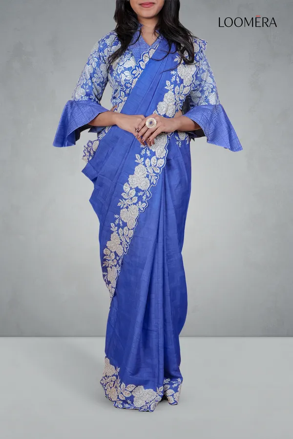Blue_Embroidered_Floral_Scallop_Border_Saree_With_Readymade_Blouse