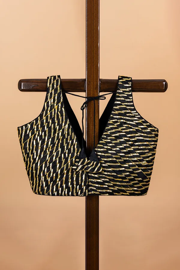Black_V_Neck_Silk_Blouse_With_Golden_Zari_Work