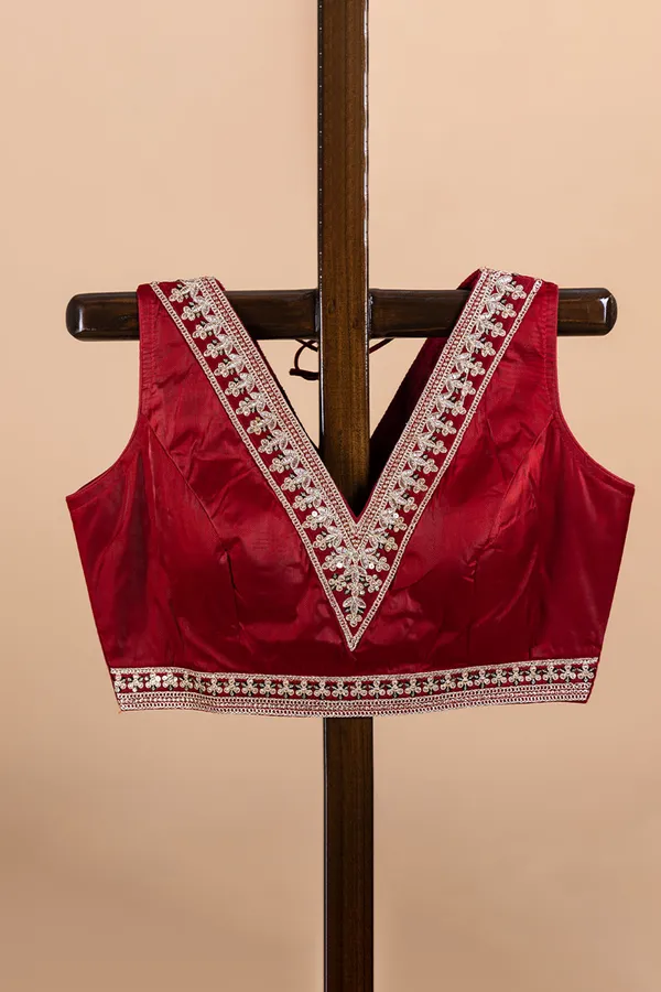 Maroon_V_Neck_Silk_Blouse_With_Embroidery_Work