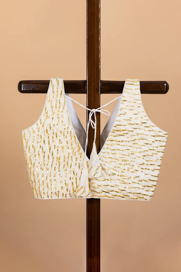White_And_Golden_V_Neck_Readymade_Blouse