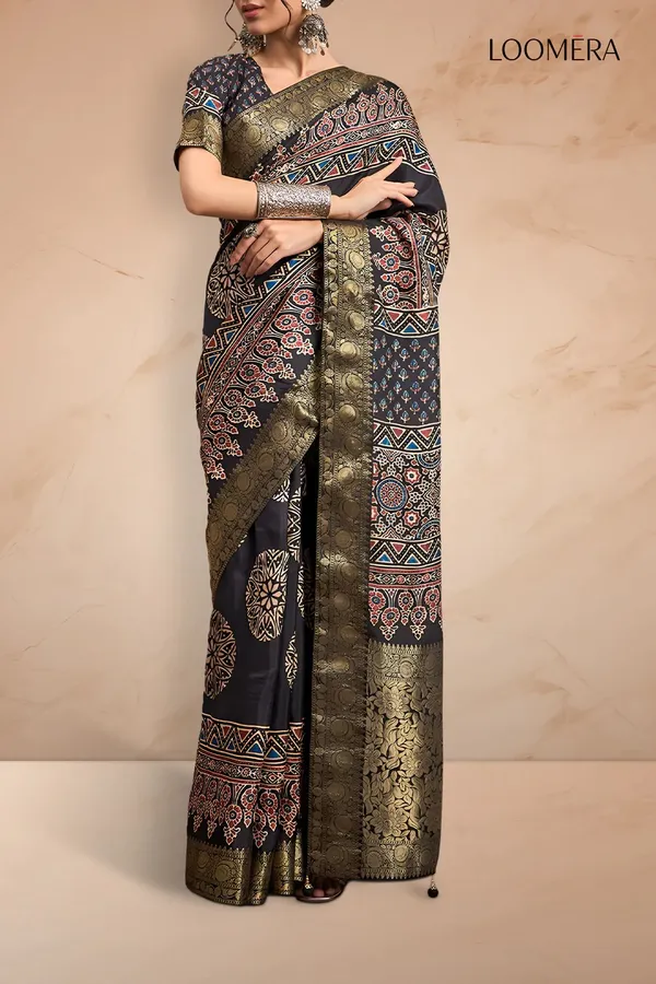 Black_Ajrakh_Design_Viscose_Jari_Saree