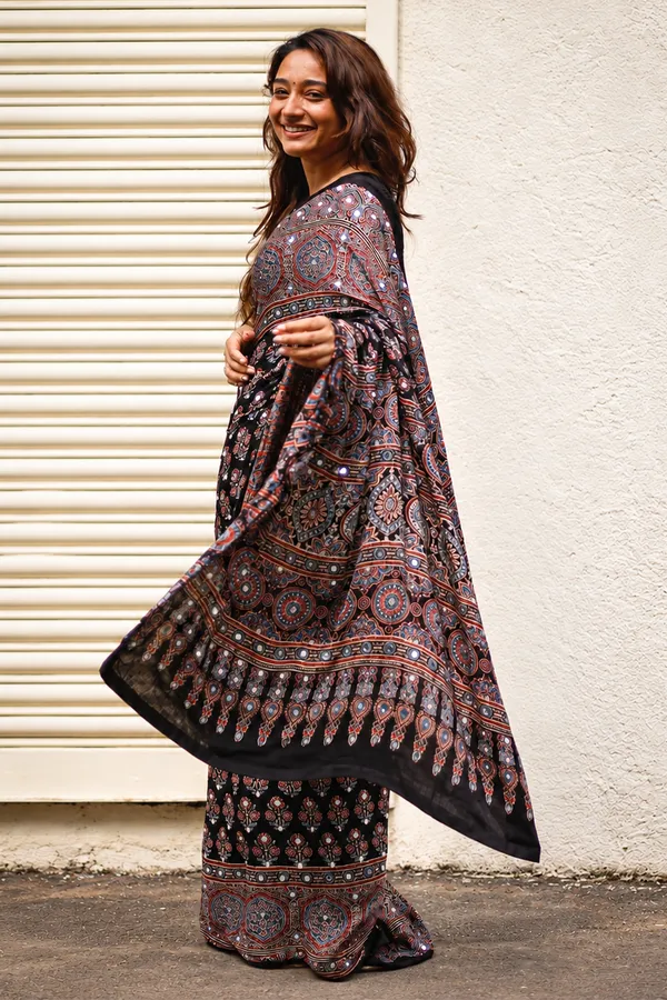 Black_Ajrakh_Party_Wear_Saree_with_Real_Mirror