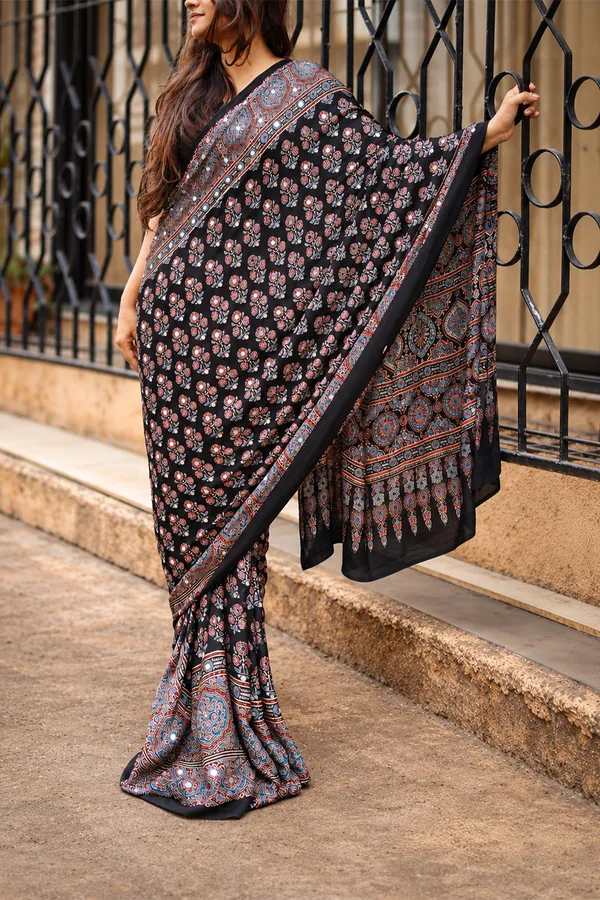 Black_Ajrakh_Party_Wear_Saree_with_Real_Mirror
