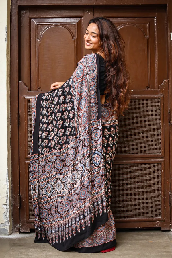 Black_Ajrakh_Party_Wear_Saree_with_Real_Mirror