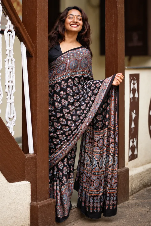 Black_Ajrakh_Party_Wear_Saree_with_Real_Mirror