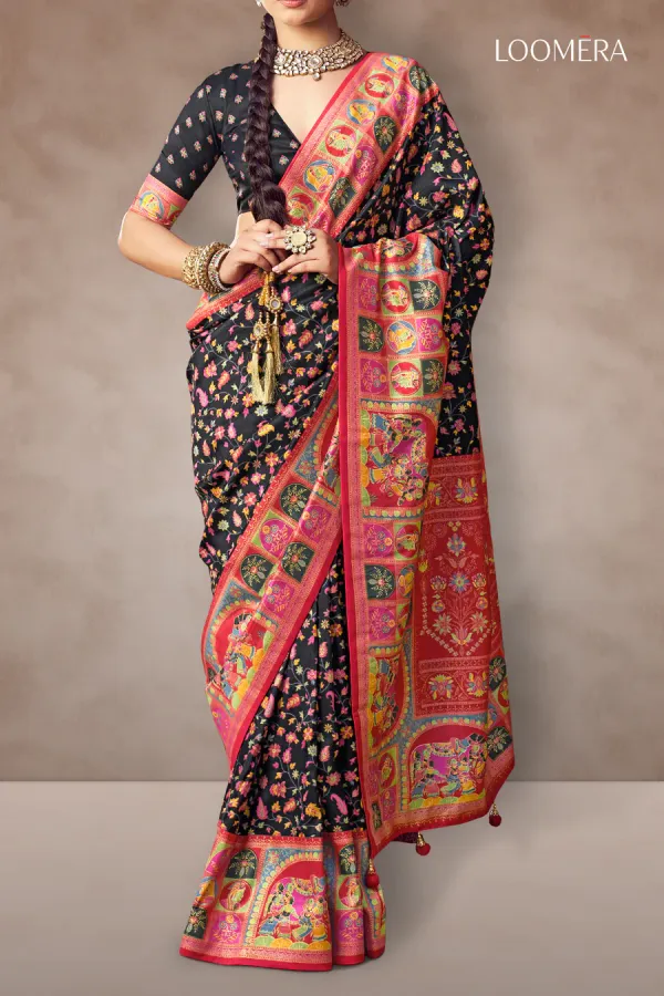 Black_Soft_Silk_Saree_with_Floral_Prints