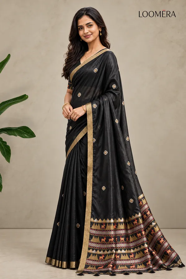 Black_Tussar_Silk_Saree_with_Golden_Border