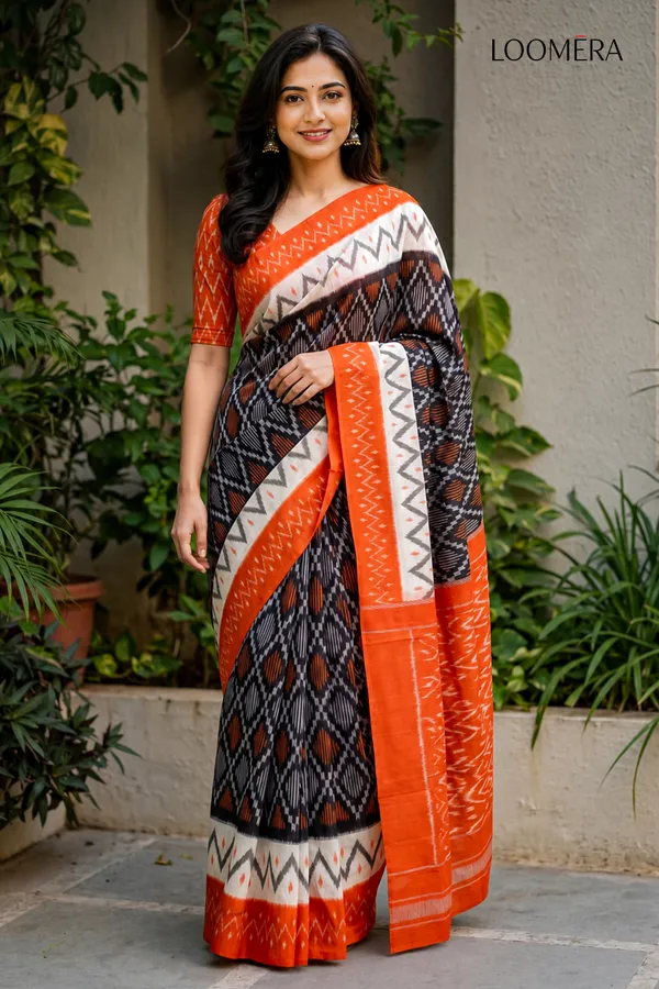 Black_and_Orange_Ikat_Print_Cotton_Linen_Saree
