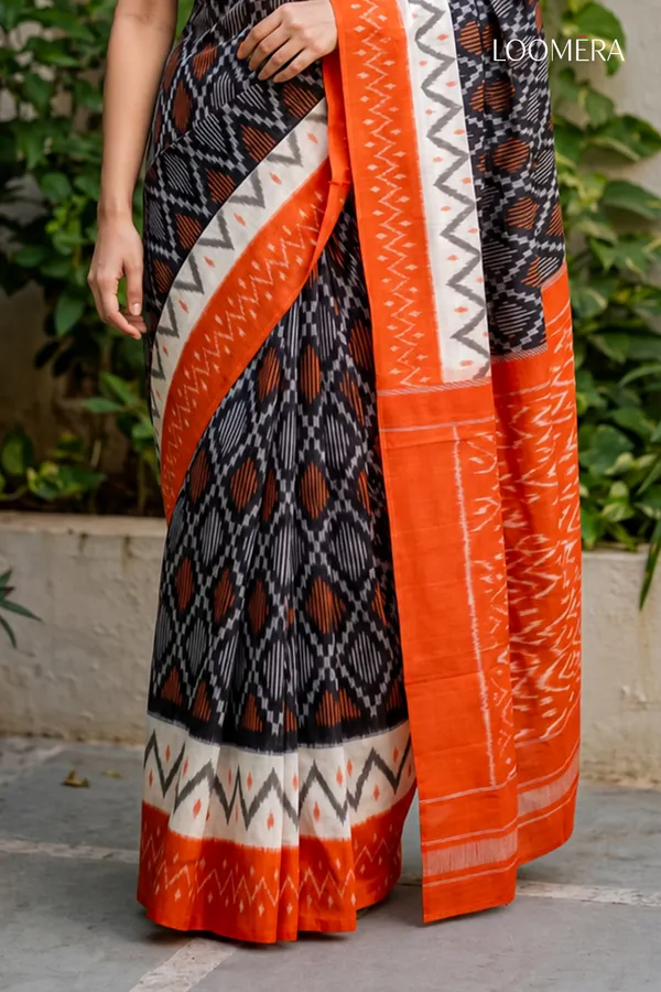 Black_and_Orange_Ikat_Print_Cotton_Linen_Saree