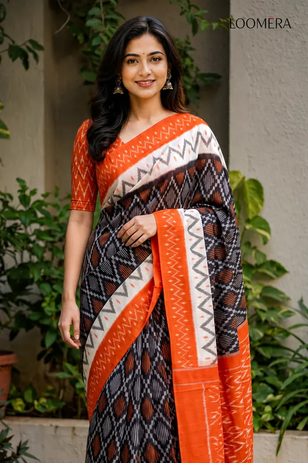 Black_and_Orange_Ikat_Print_Cotton_Linen_Saree