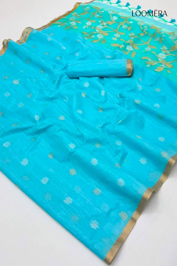 Blue_Munga_Cotton_Saree_with_Golden_Border