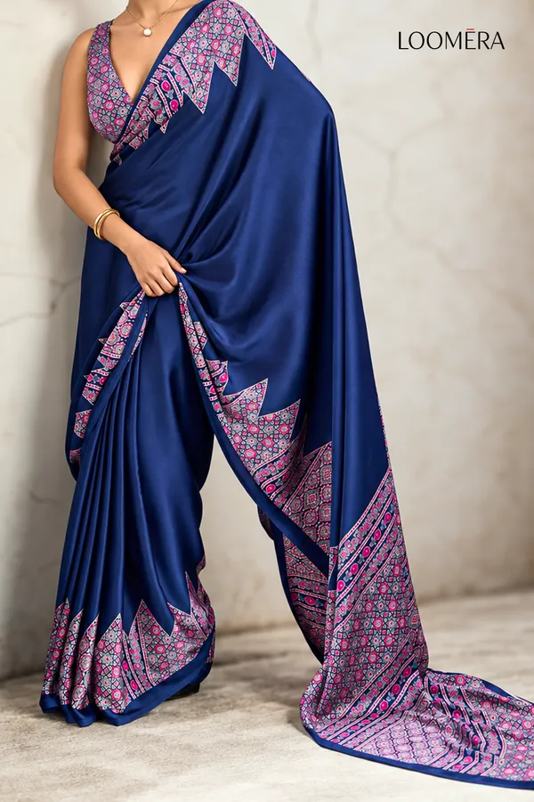 Blue_Premium_Satin_Saree_with_Ajrakh_Print