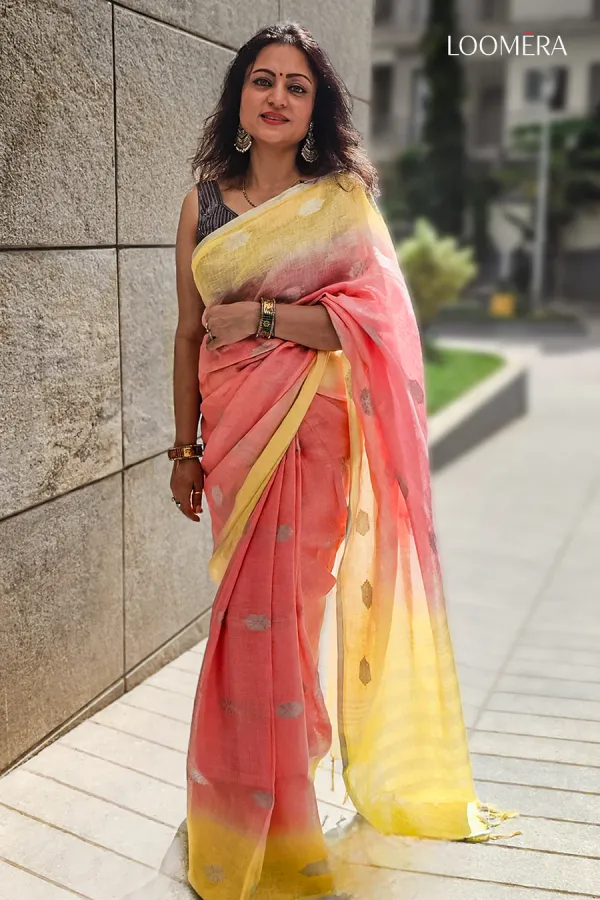 Coral_Orange_and_Yellow_Linen_Saree