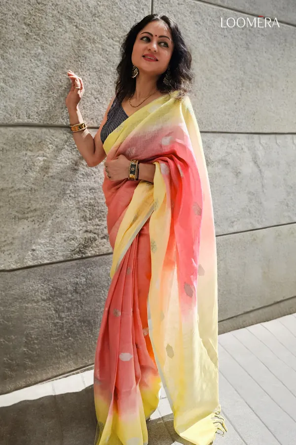 Coral_Orange_and_Yellow_Linen_Saree
