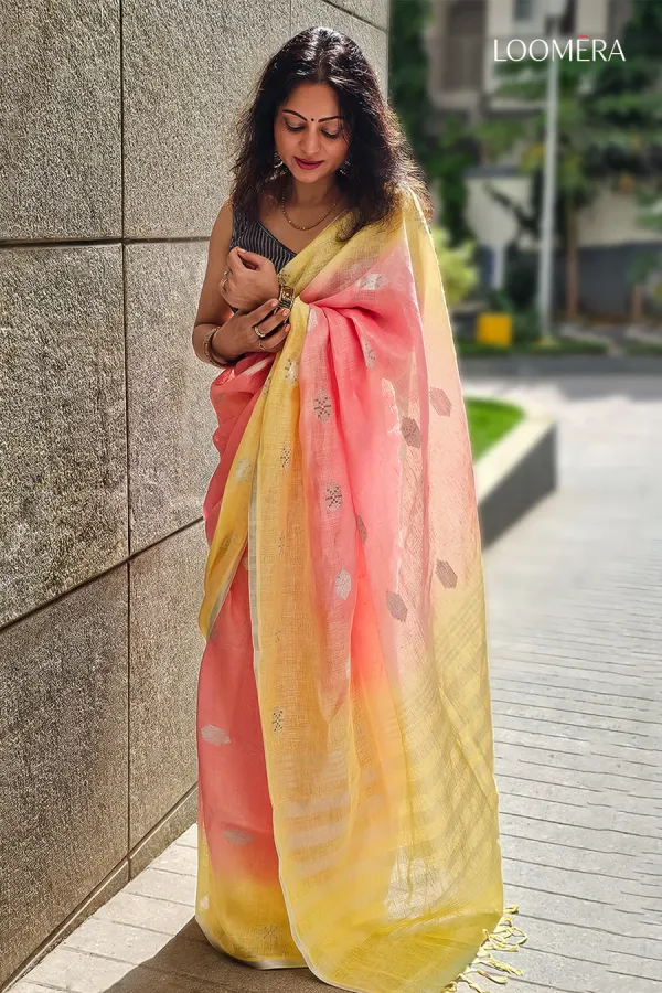 Coral_Orange_and_Yellow_Linen_Saree