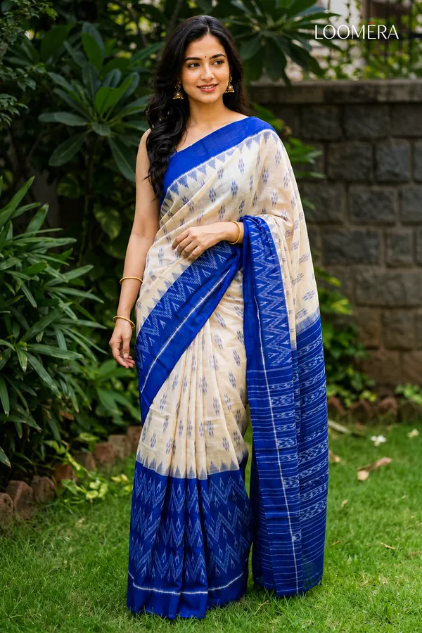 White_and_Blue_Ikat_Print_Cotton_Linen_Saree