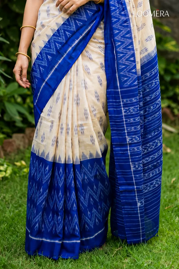 White_and_Blue_Ikat_Print_Cotton_Linen_Saree