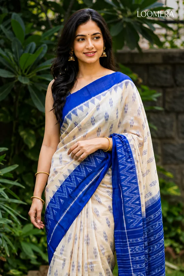 White_and_Blue_Ikat_Print_Cotton_Linen_Saree