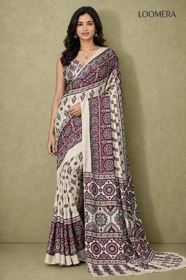 Cream_and_Pink_Semi_Modal_Silk_Saree_with_Ajrakh_Prints