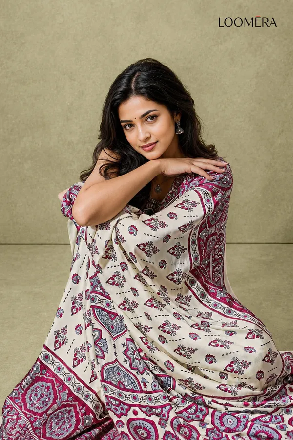 Cream_and_Pink_Semi_Modal_Silk_Saree_with_Ajrakh_Prints