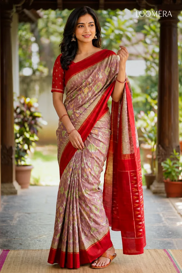Mauve_and_Red_Ikat_Print_Cotton_Linen_Saree
