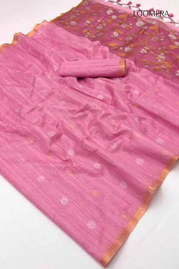 Rose_Pink_Munga_Cotton_Saree_with_Golden_Border