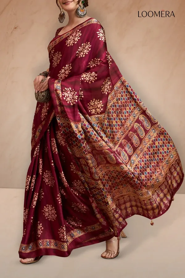 Burgundy_Red_Gajji_Silk_Saree_with_Batik_Prints