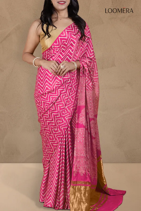 Pink_Modal_Silk_Saree_with_Hand_Block_Print