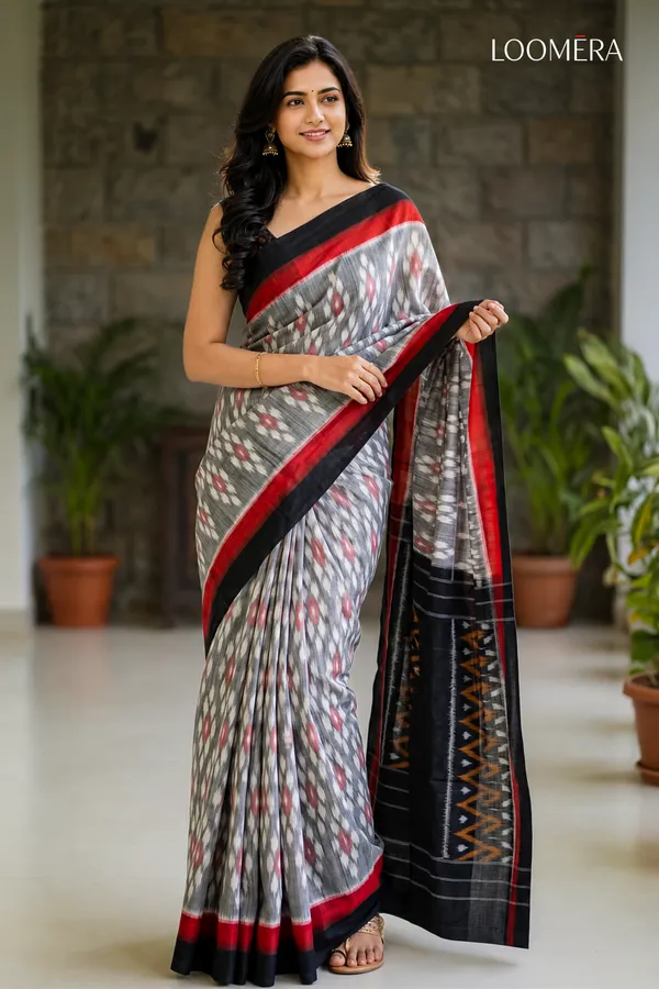 Grey_Ikat_Print_Cotton_Linen_Saree_with_Black_and_Red_Border