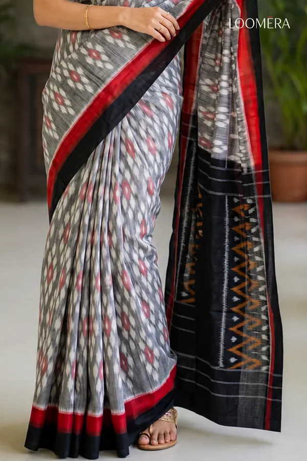 Grey_Ikat_Print_Cotton_Linen_Saree_with_Black_and_Red_Border