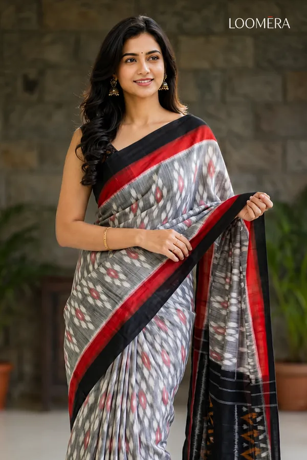 Grey_Ikat_Print_Cotton_Linen_Saree_with_Black_and_Red_Border