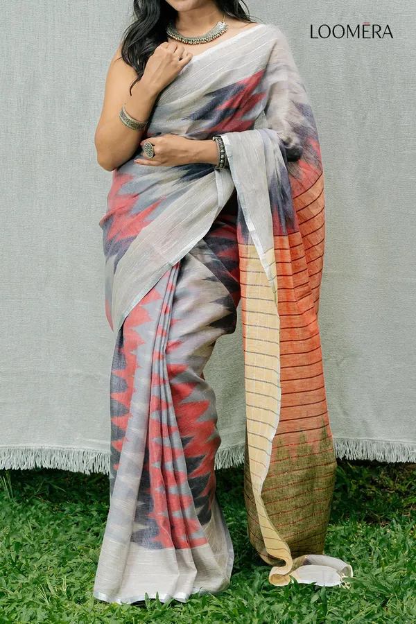 Grey_Linen_Saree_with_Ikat_Prints