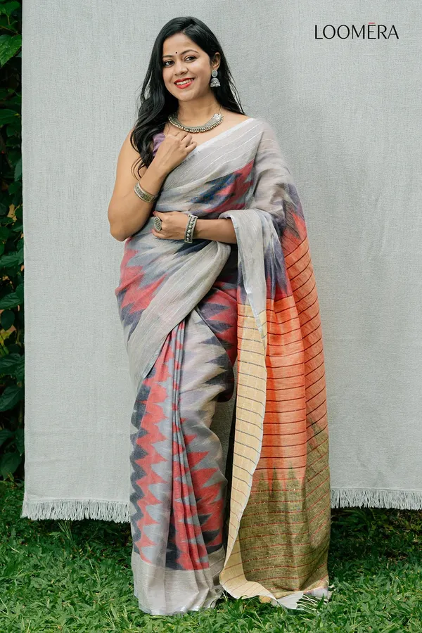Grey_Linen_Saree_with_Ikat_Prints
