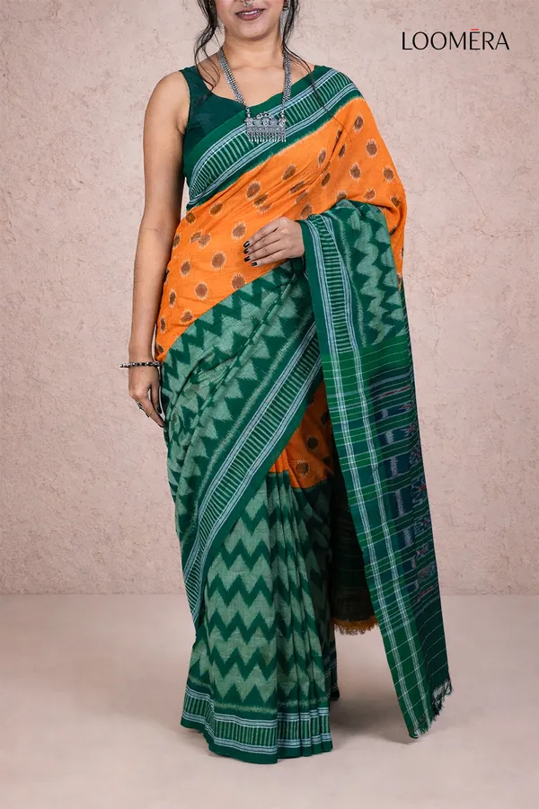Dark_Green_And_Orange_Handloom_Ikat_Cotton_Saree