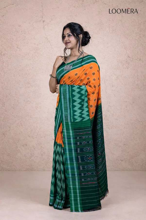 Dark_Green_And_Orange_Handloom_Ikat_Cotton_Saree