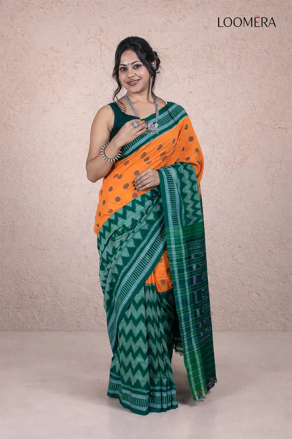 Dark_Green_And_Orange_Handloom_Ikat_Cotton_Saree