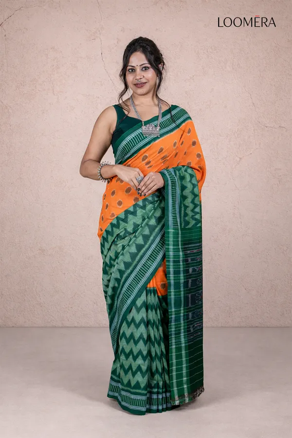 Dark_Green_And_Orange_Handloom_Ikat_Cotton_Saree