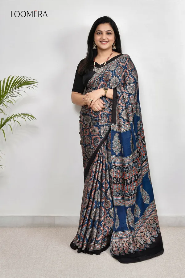 Blue_Modal_Silk_Saree_with_Ajrakh_Prints