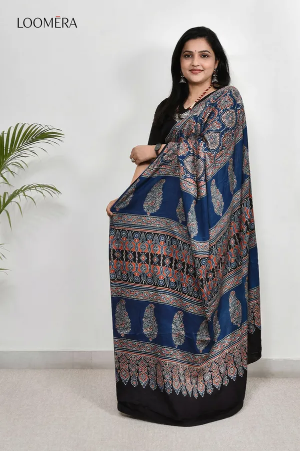 Blue_Modal_Silk_Saree_with_Ajrakh_Prints