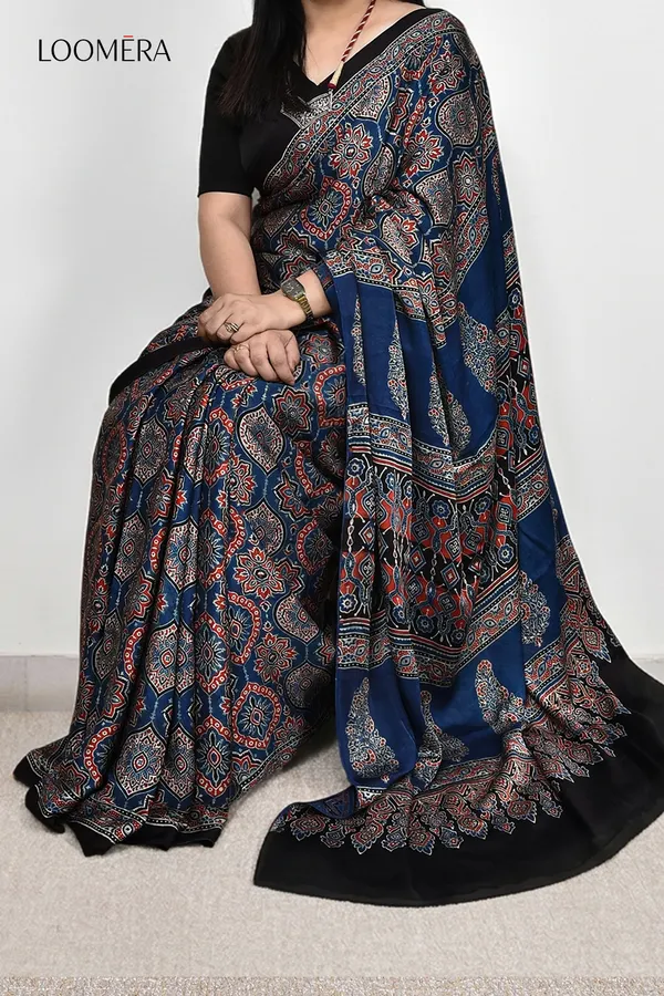 Blue_Modal_Silk_Saree_with_Ajrakh_Prints