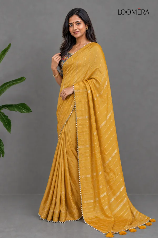 Mustard_Yellow_Saree_With_Bead-Worked_Border_And_Readymade_Blouse