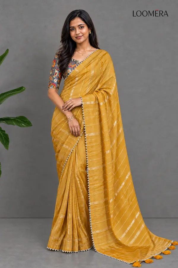 Mustard_Yellow_Saree_With_Bead-Worked_Border_And_Readymade_Blouse